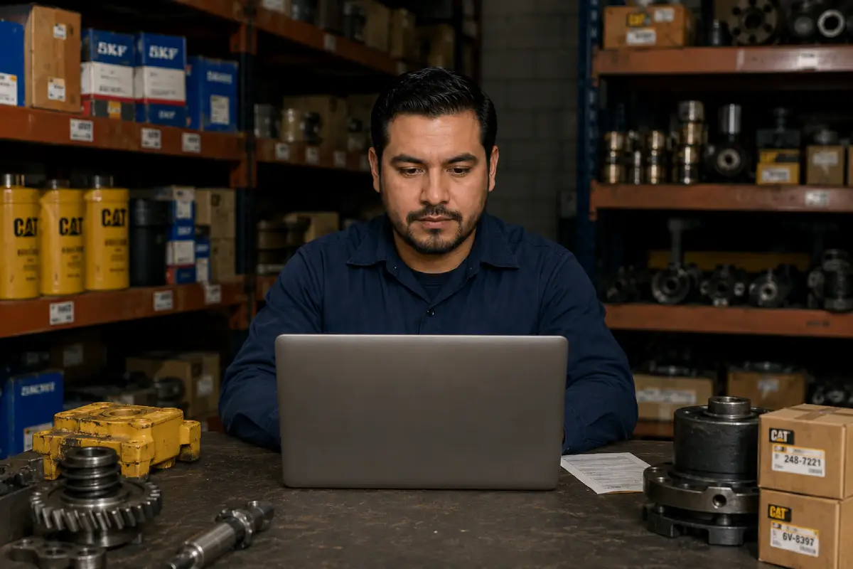 Persona usando el ERP de SITIC Software en un almacén de refacciones de equipo pesado