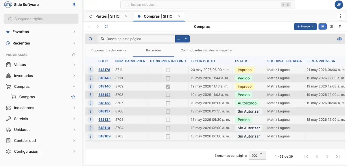 Pantalla del sistema SITIC con información de backorders