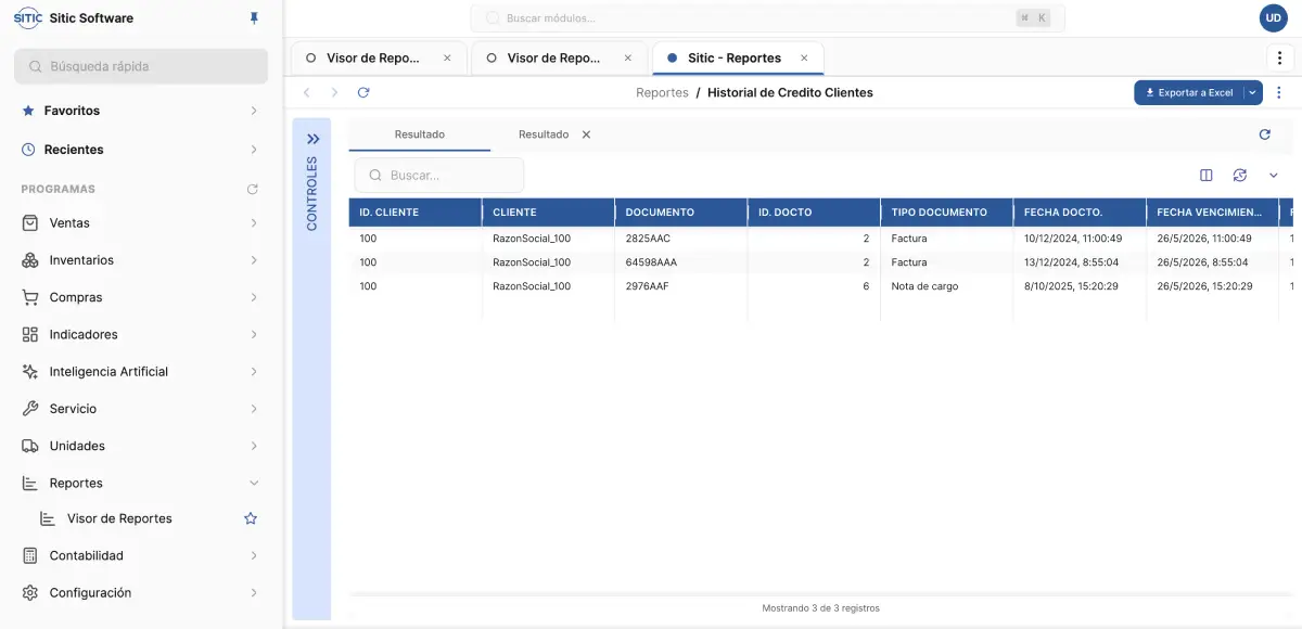SITIC Software screen showing customer credit history report for heavy equipment dealership
