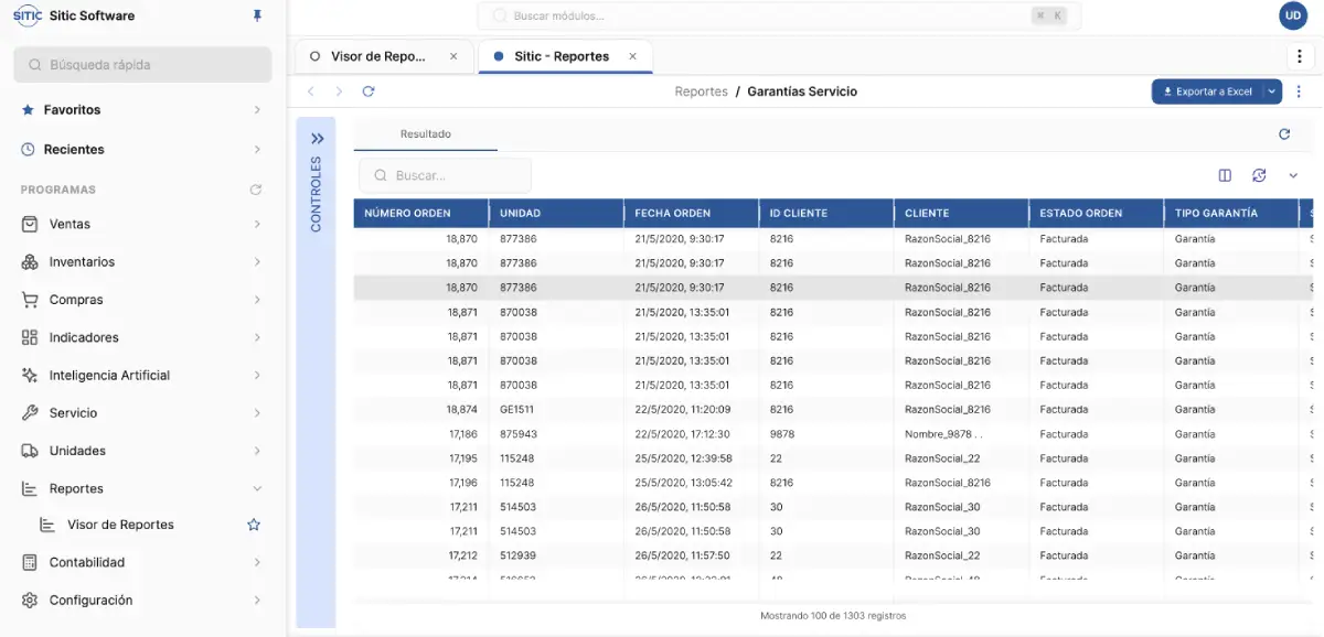 Pantalla de SITIC Software mostrando el reporte de garantias