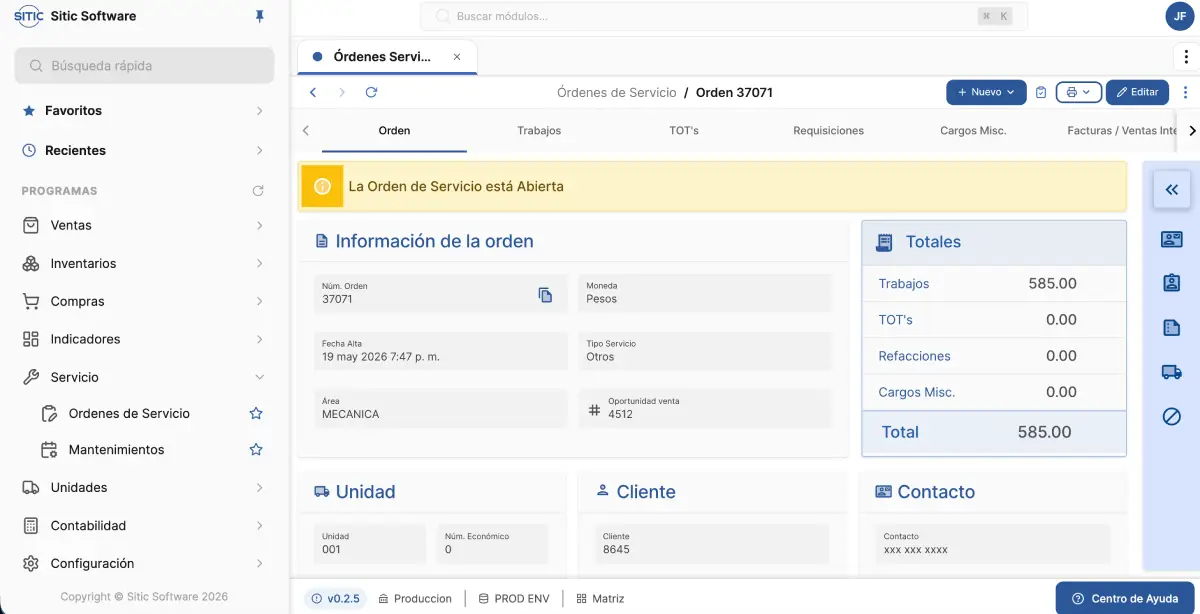 Módulo de órdenes de servicio en SITIC