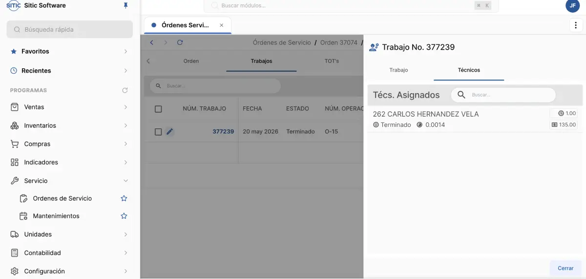 SITIC screen showing technician work and hours log
