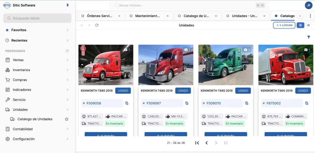 Módulo de seminuevos en SITIC Software con unidades listas para venta